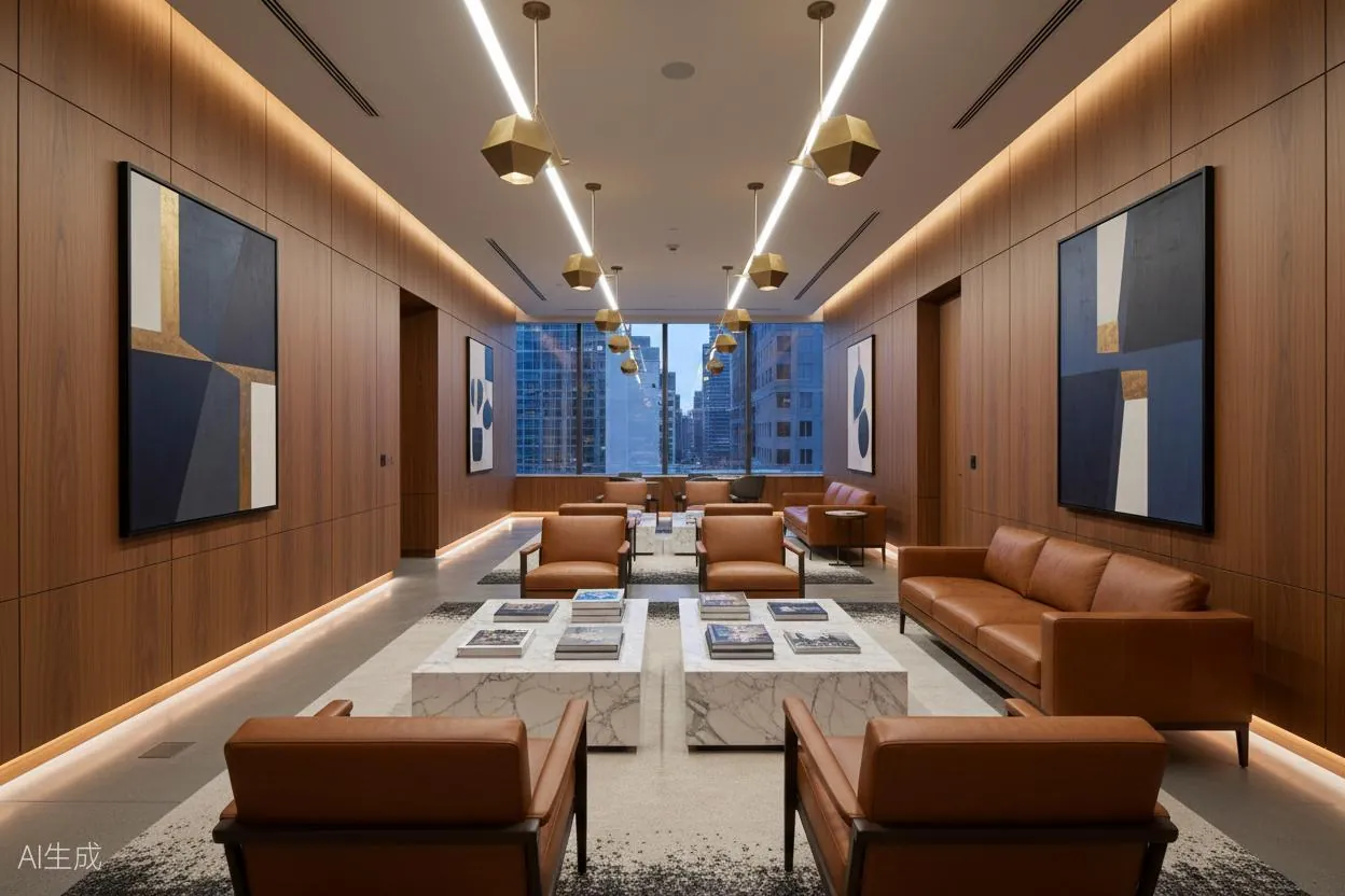 Wood-panelled executive lounge with leather seating and a view over the city